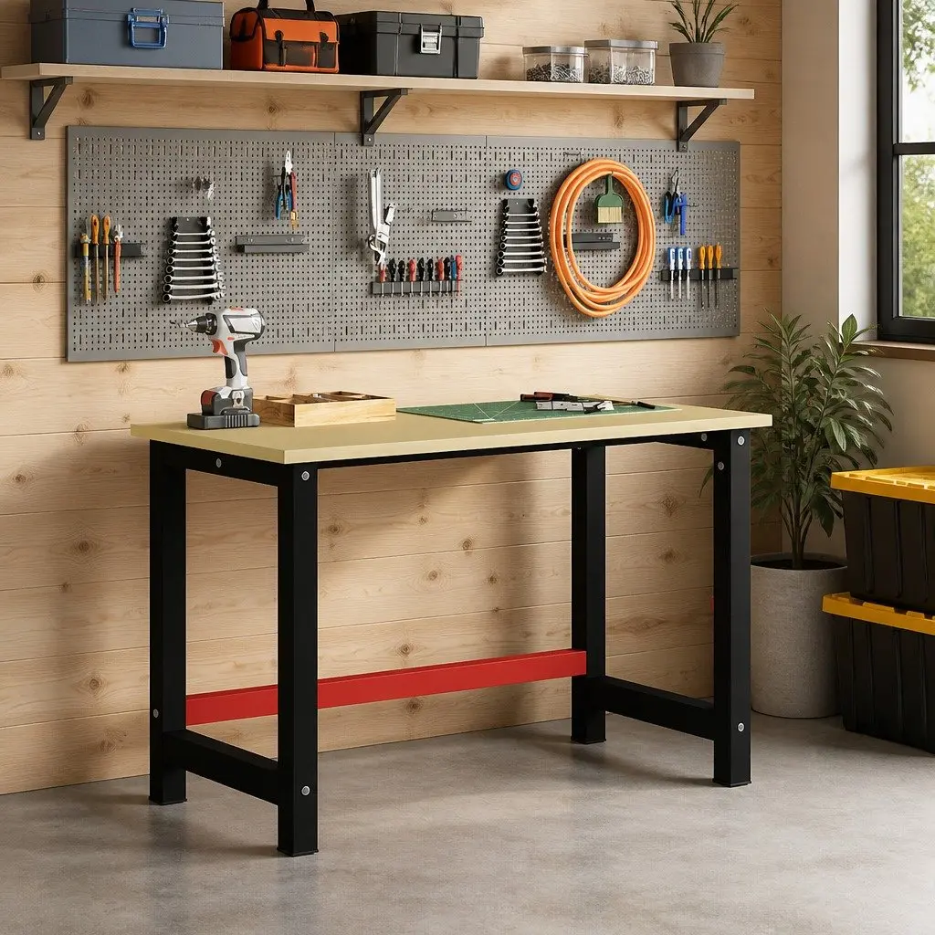 Work Bench Frame Metal 120x57x79cm Black Red Sturdy Workshop Table Legs Support