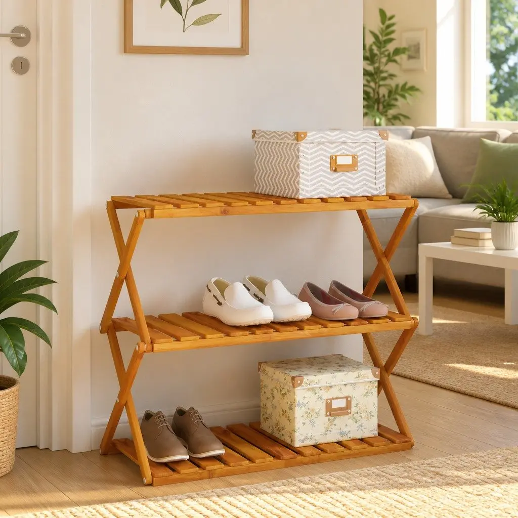 3-Tier Folding Shelf Brown Solid Acacia Wood Standing Bookcase Storage Display Unit