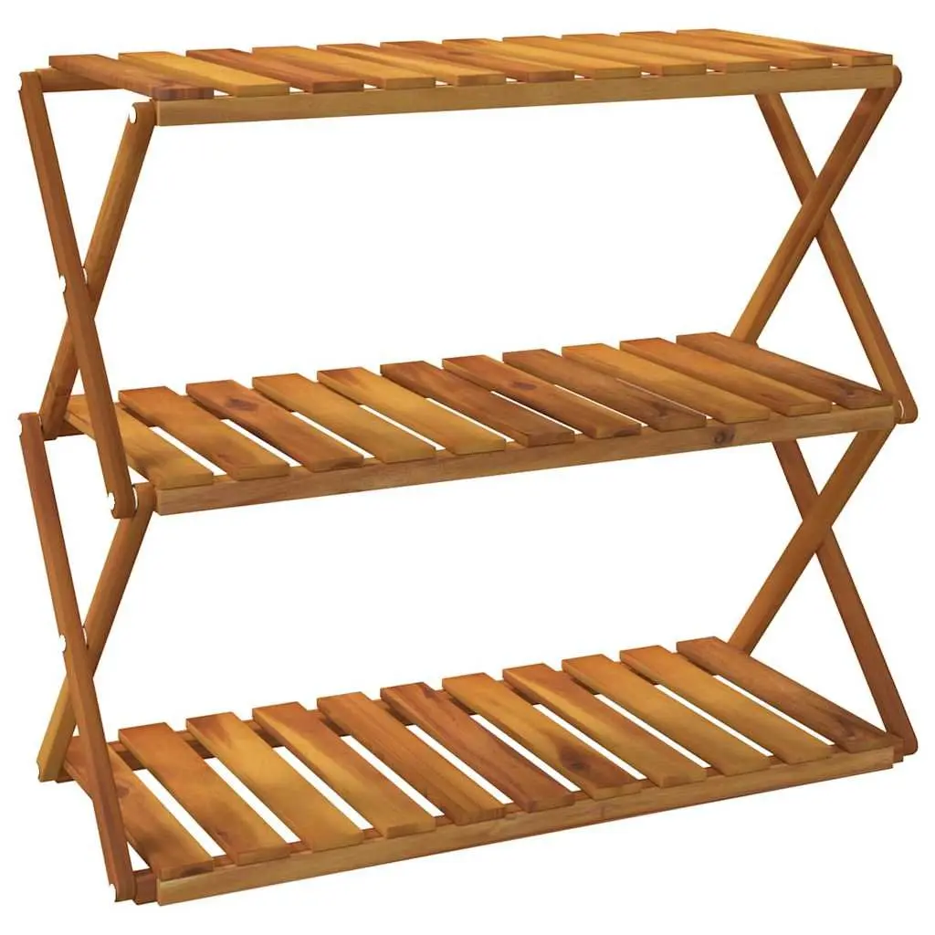 3-Tier Folding Shelf Brown Solid Acacia Wood Standing Bookcase Storage Display Unit