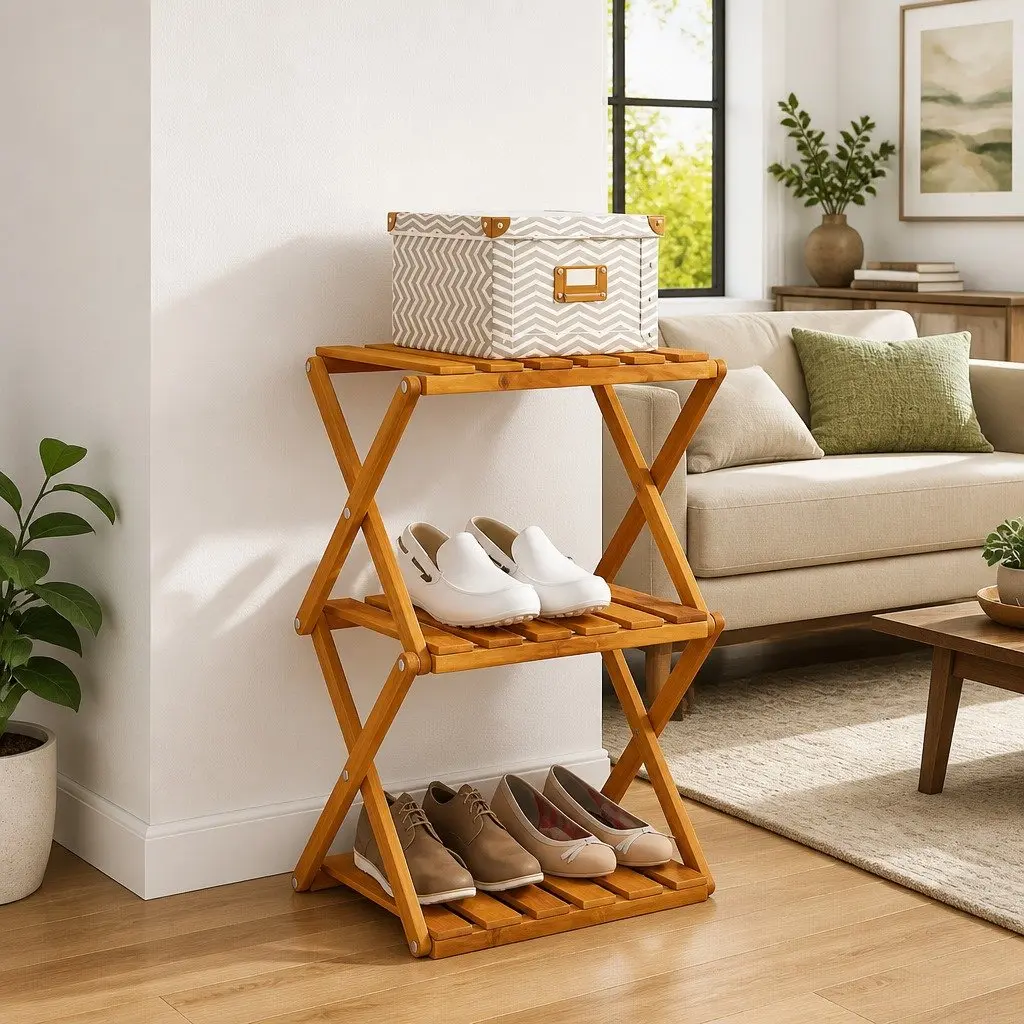 3-Tier Folding Shelf Brown Solid Acacia Wood Storage Bookcase Display Rack Unit