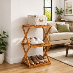 3-Tier Folding Shelf in Brown Wood for Versatile Storage