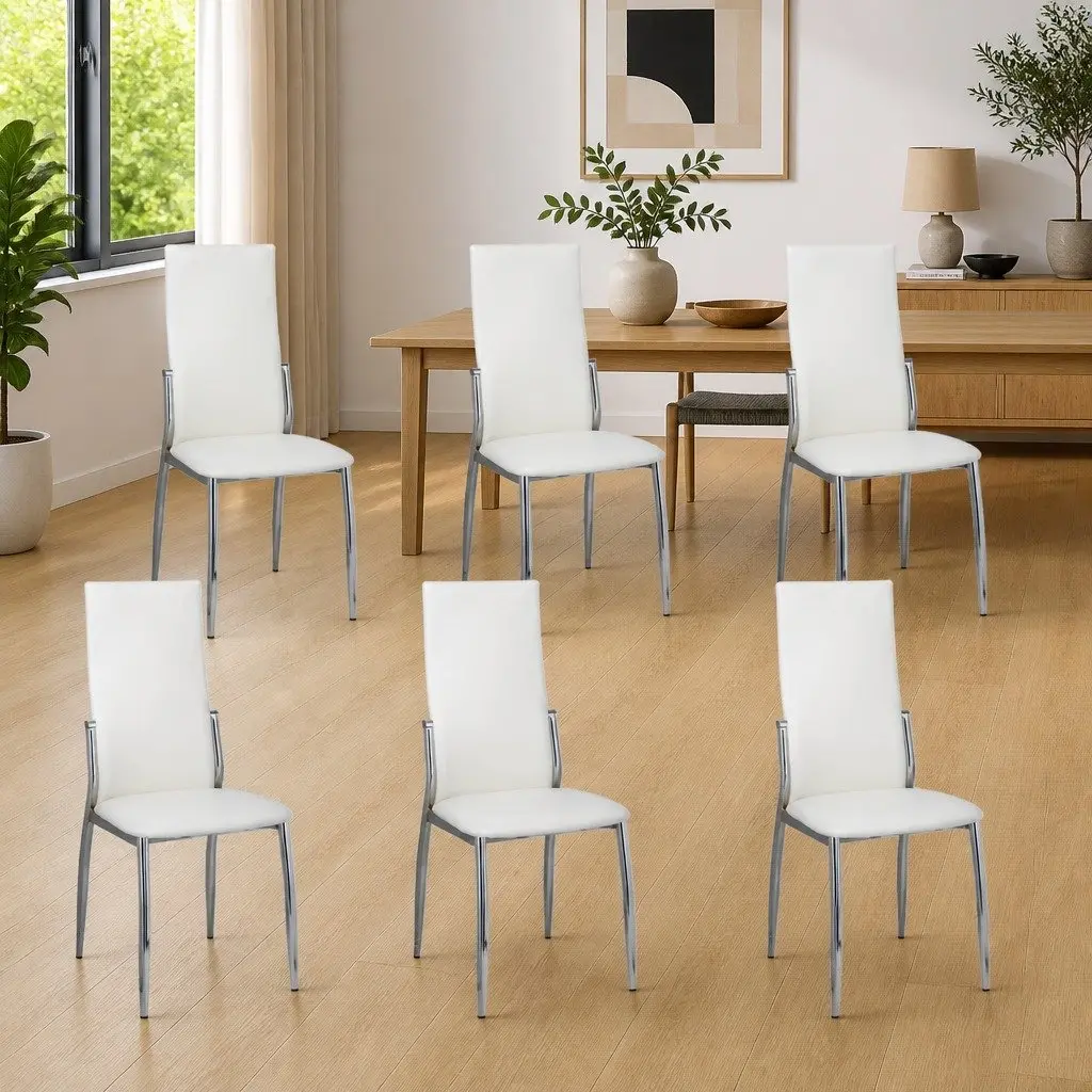 Dining Chairs White High Back 6 Piece Synthetic Leather Kitchen Room Seating