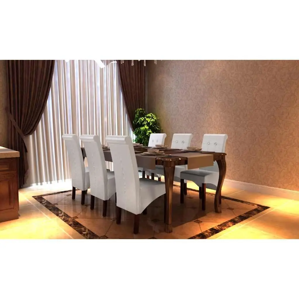 Dining Chairs Set of 6 White Faux Leather Ergonomic Kitchen Seating with Wood Legs