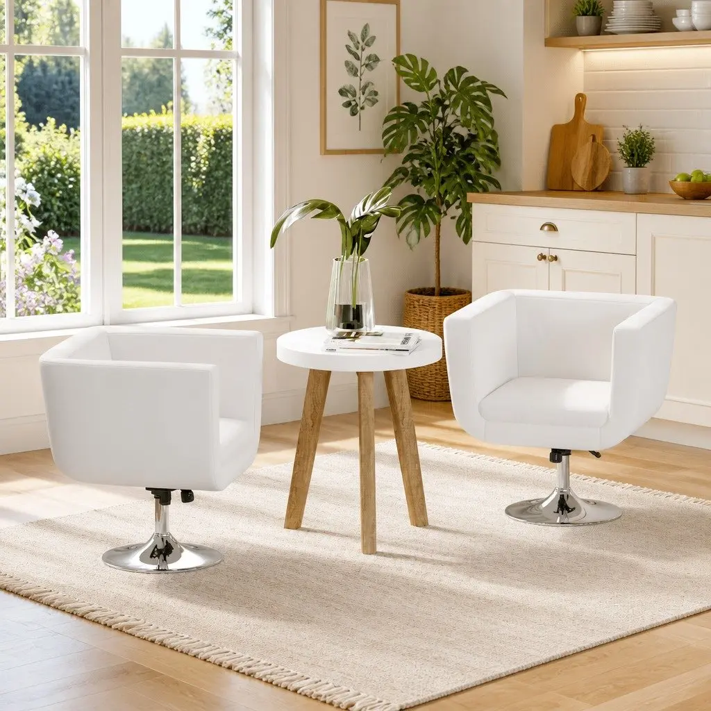 Bar Chairs White Swivel Armchairs Height Adjustable Padded Seat Chrome Plated Steel Tube 2 Piece