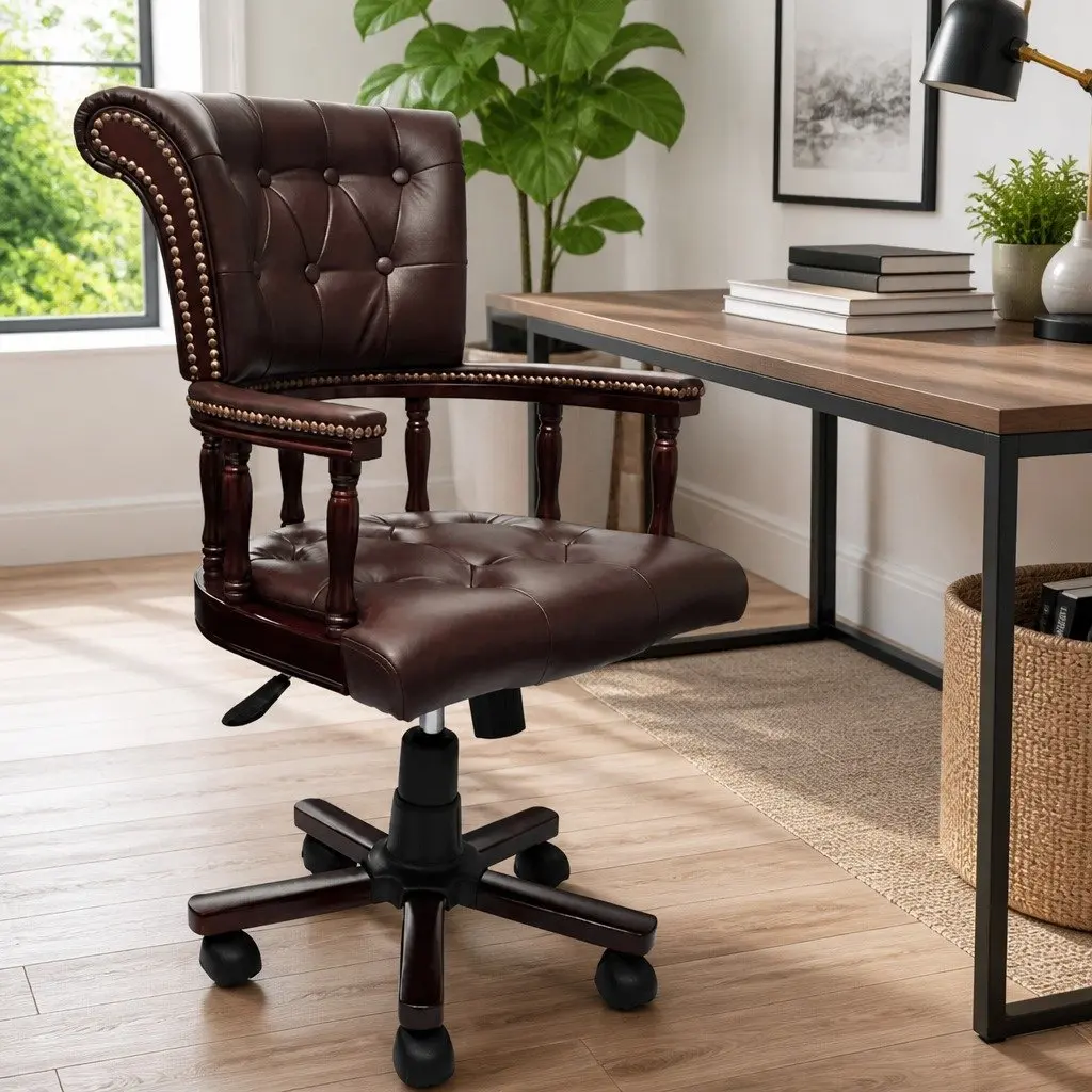 Swivel Office Chair Brown Adjustable Height Leather Mix Solid Wood