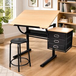 Brown Art Drafting Table with Three Drawers and Stool