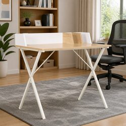 Warm White Office Desk with Natural Wood Finish
