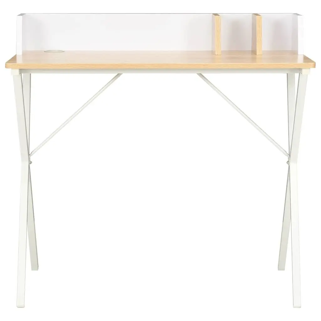 Office Desk White Natural Wood Study Workstation 80x50x84cm Engineered Wood Powder Coated Steel Legs