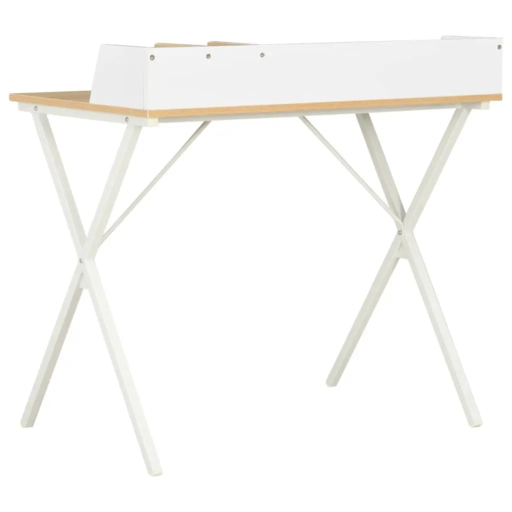 Office Desk White Natural Wood Study Workstation 80x50x84cm Engineered Wood Powder Coated Steel Legs