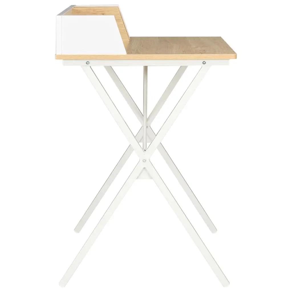 Office Desk White Natural Wood Study Workstation 80x50x84cm Engineered Wood Powder Coated Steel Legs