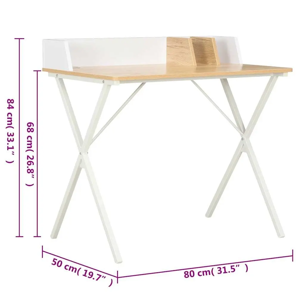 Office Desk White Natural Wood Study Workstation 80x50x84cm Engineered Wood Powder Coated Steel Legs