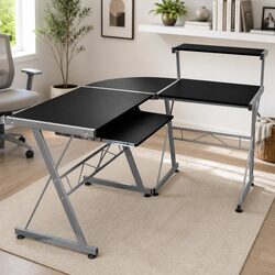 Black L-Shaped Corner Computer Desk with Keyboard Tray