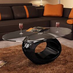 Oval Coffee Table with Glass Top Modern Black High Gloss Living Room Accent