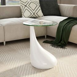 Coffee Table Round Glass Top White High Gloss Water Drop Base Living Room Accent
