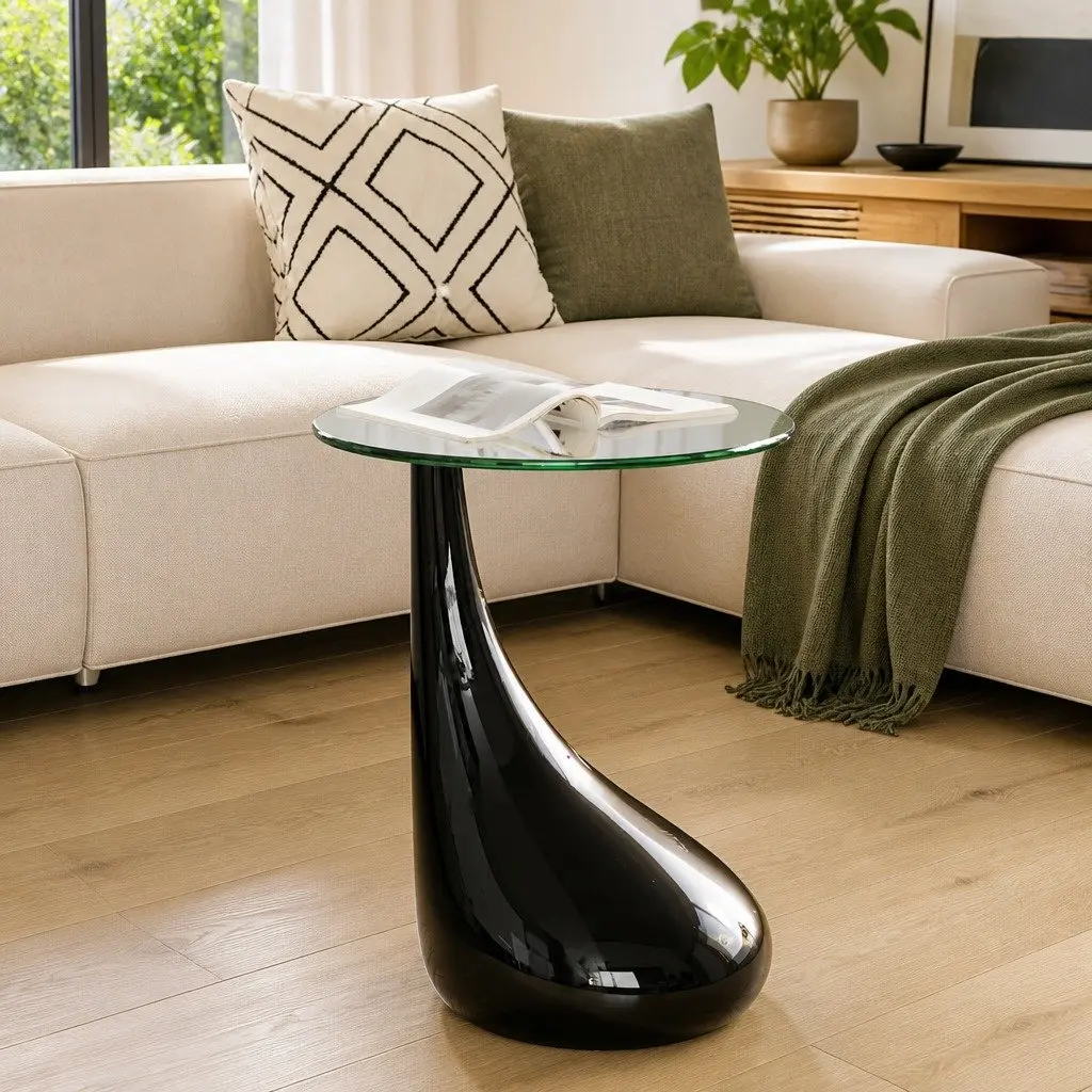 Round Glass Top Coffee Table with Water Drop Base