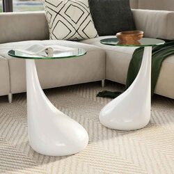 Coffee Table Set 2 pcs Round Glass Top High Gloss White Water-Drop Base