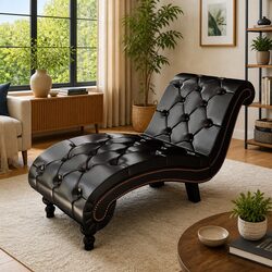 Brown Faux Leather Chaise Lounge with Scroll Design
