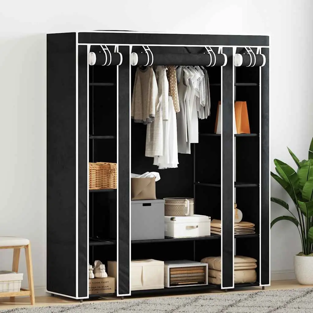 Portable Wardrobe Cabinet with Compartments Rods Black Fabric Storage Closet