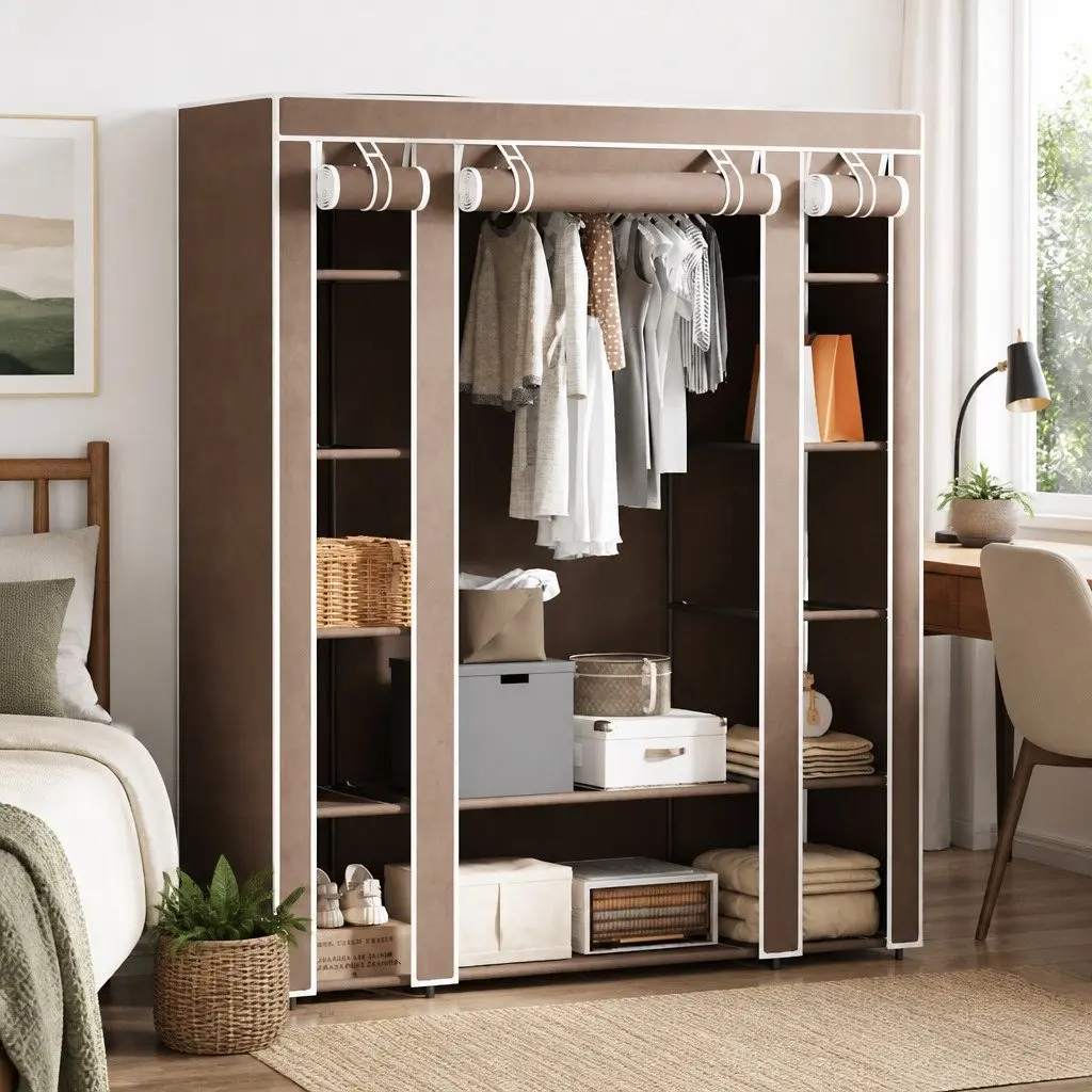 Portable Wardrobe Cabinet with Brown Fabric
