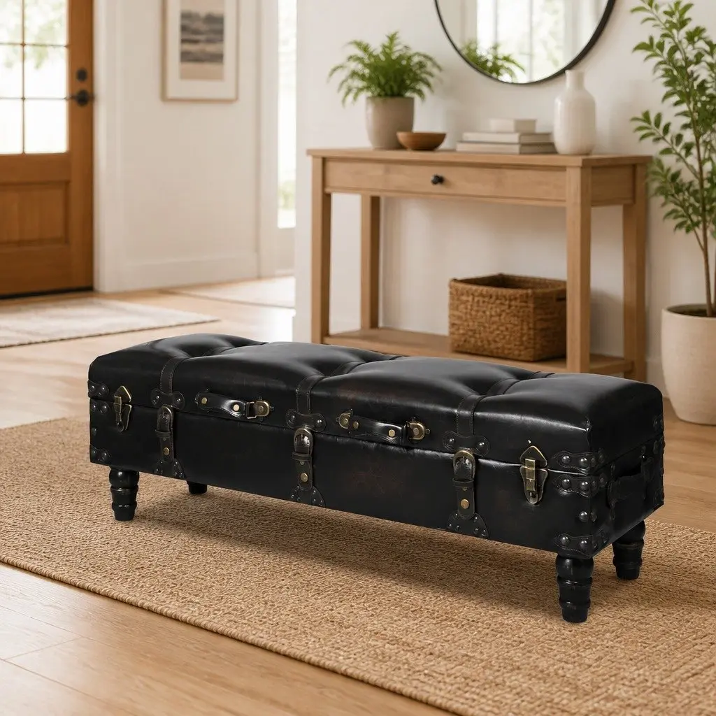 Long Storage Bench Brown Faux Leather MDF 48 Inch