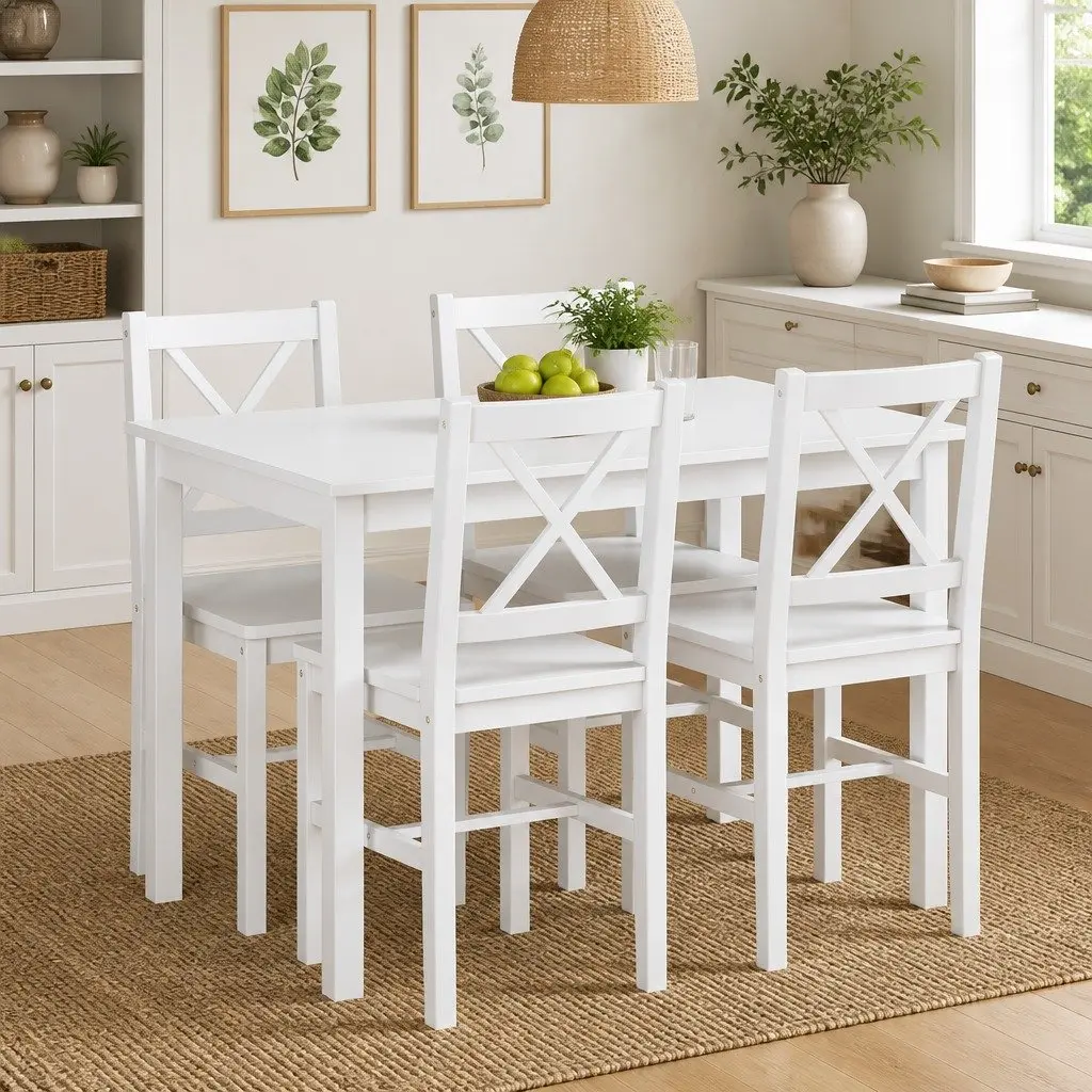 5 Piece Solid Wood Dining Set with White Finish Includes Dining Table and 4 Chairs for Kitchen Dining Room