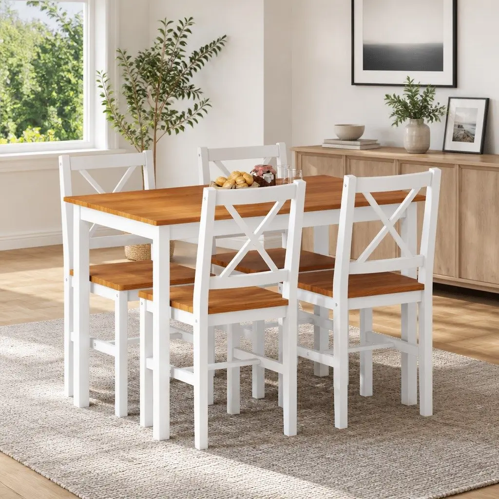 Dining Set Solid Wood Brown White 5 Piece Table and Chairs for Kitchen and Dining Room