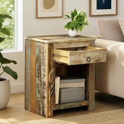 Charming Reclaimed Wood End Table with Drawer and Door