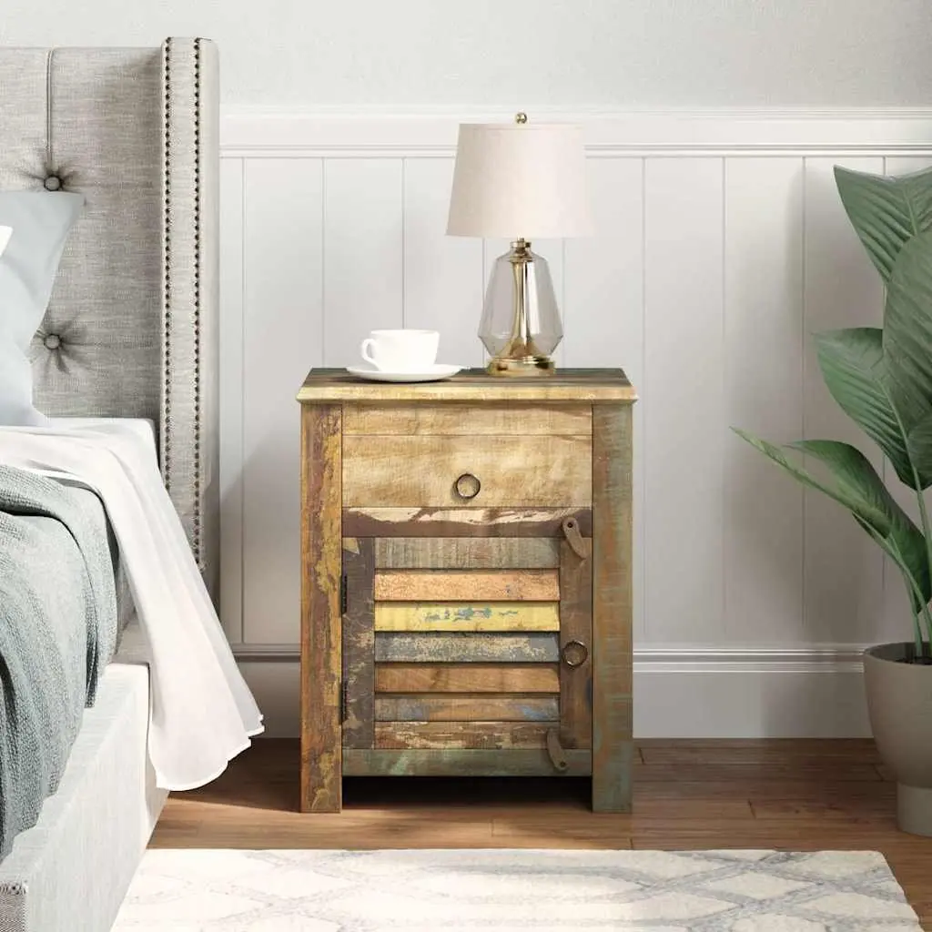 Reclaimed Wood End Table with Drawer and Door Storage Bedside Nightstand