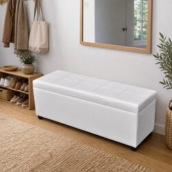 Wooden Storage Bench with White Padded Seat