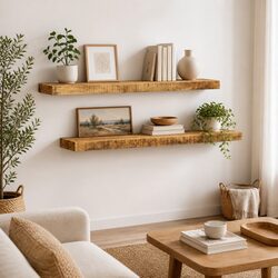 Set of 2 Solid Wood Wall Mounted Display Shelves