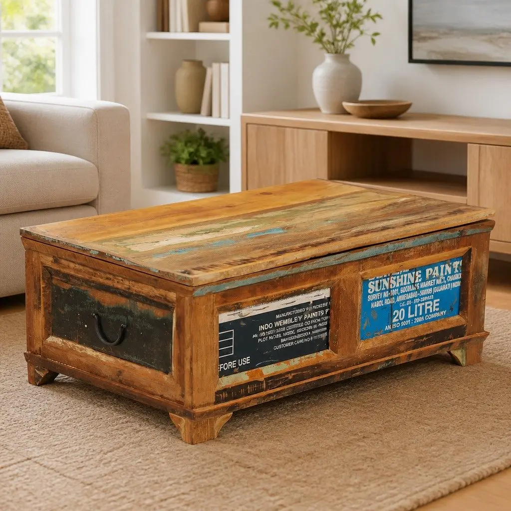 Coffee Table Vintage Brown Reclaimed Wood with Storage Compartment
