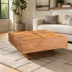Antique Style Brown Square Coffee Table in Solid Mango Wood