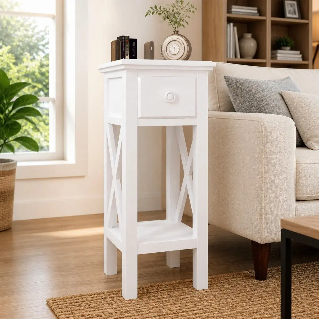 End Table with Drawer Storage Living Room Bedroom Accent Side Table White
