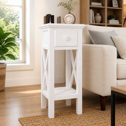 Charming White Side Table with Storage Drawer