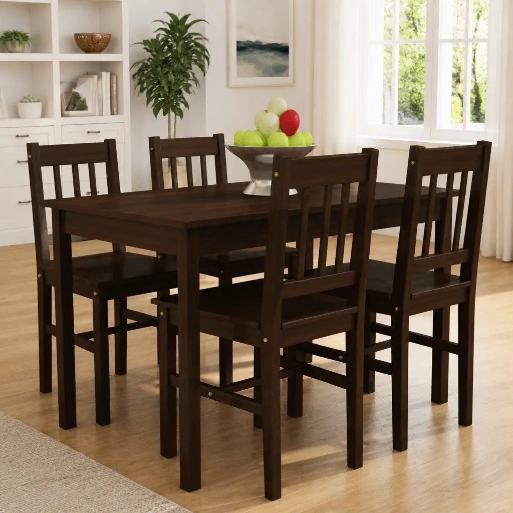 Wooden Dining Table Set Brown 5 Piece Solid Pine Wood Minimalist Style