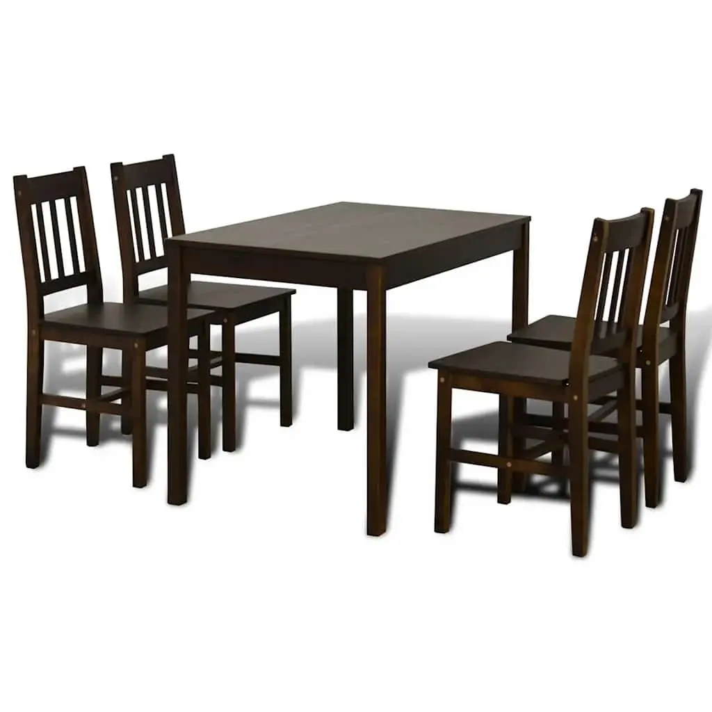 Wooden Dining Table Set Brown 5 Piece Solid Pine Wood Minimalist Style