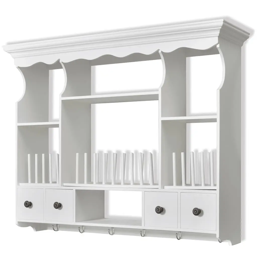 Wooden Kitchen Wall Cabinet Antique Look White 4 Drawers 4 Shelves