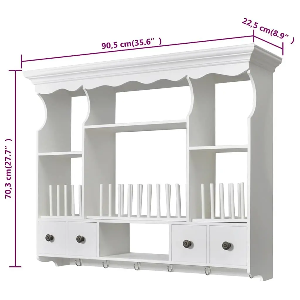 Wooden Kitchen Wall Cabinet Antique Look White 4 Drawers 4 Shelves