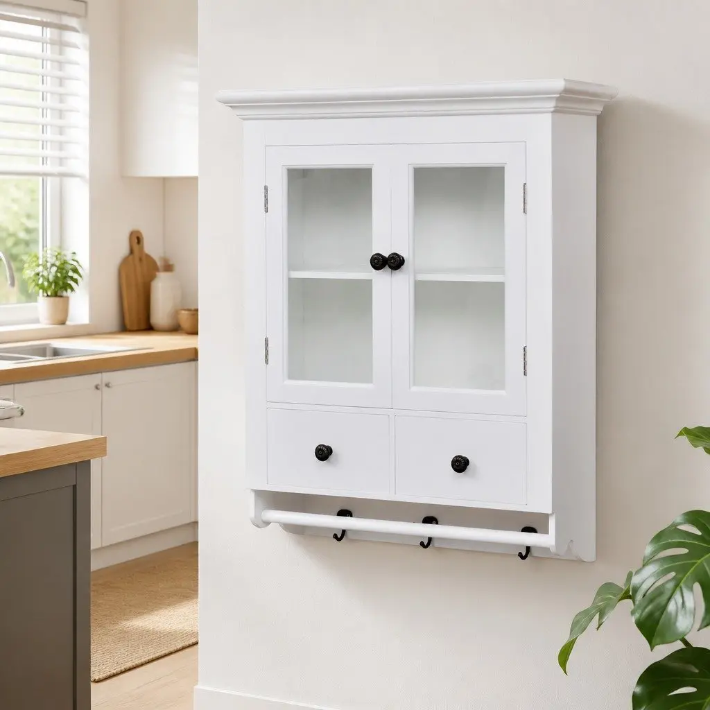 Wooden Kitchen Wall Cabinet Glass Door White Storage Shelves Drawers Hooks