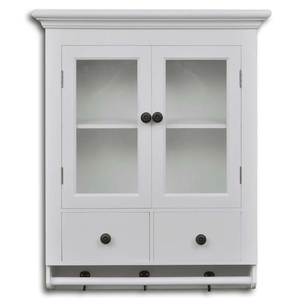 Wooden Kitchen Wall Cabinet Glass Door White Storage Shelves Drawers Hooks