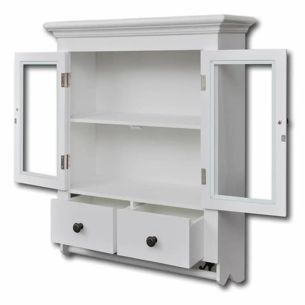 Wooden Kitchen Wall Cabinet Glass Door White Storage Shelves Drawers Hooks