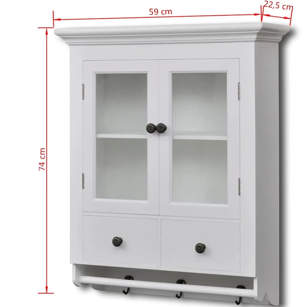 Wooden Kitchen Wall Cabinet Glass Door White Storage Shelves Drawers Hooks