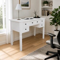 White Writing Desk with 5 Drawers for Storage