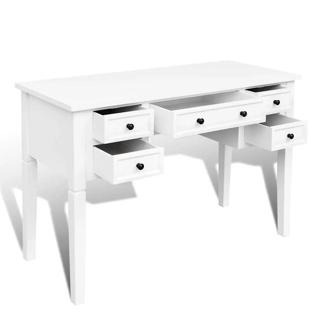 Writing Desk White 5 Drawer Storage MDF Pine Home Office Bedroom Furniture