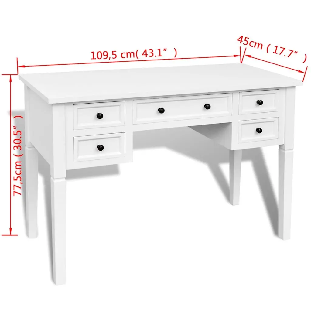Writing Desk White 5 Drawer Storage MDF Pine Home Office Bedroom Furniture