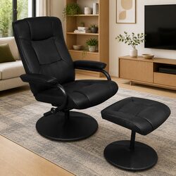 Comfortable Black Faux Leather TV Armchair with Footstool