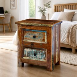 Charming Bedside Table with 2 Drawers in Reclaimed Wood