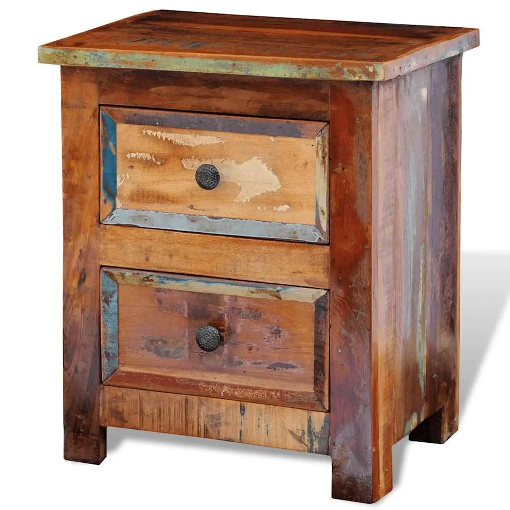 Bedside Table Antique Style 2 Drawer Reclaimed Wood Nightstand Storage Cabinet