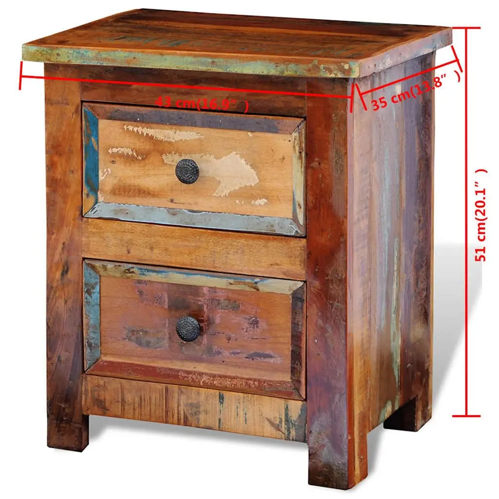 Bedside Table Antique Style 2 Drawer Reclaimed Wood Nightstand Storage Cabinet