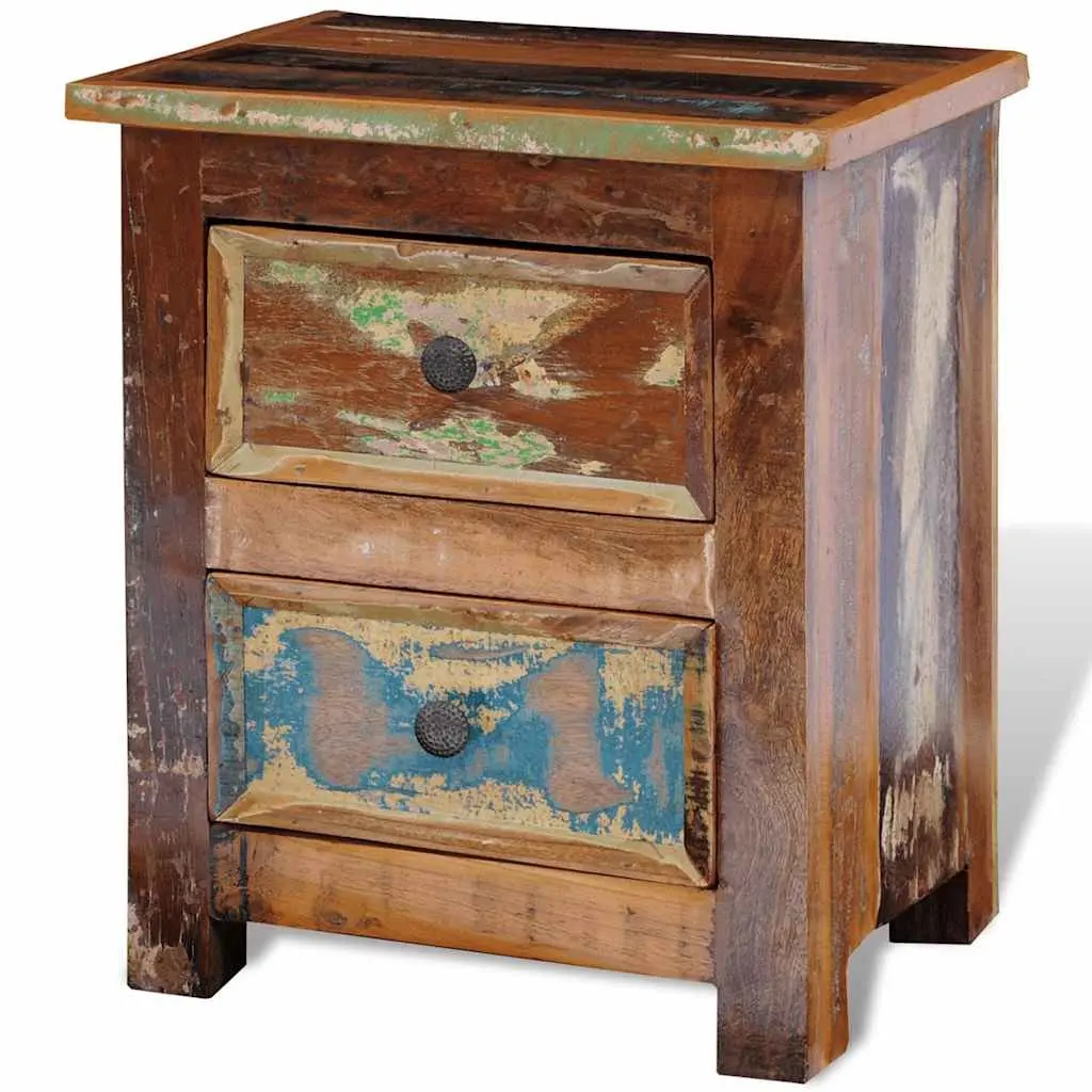 Bedside Table Antique Style 2 Drawer Reclaimed Wood Nightstand Storage Cabinet